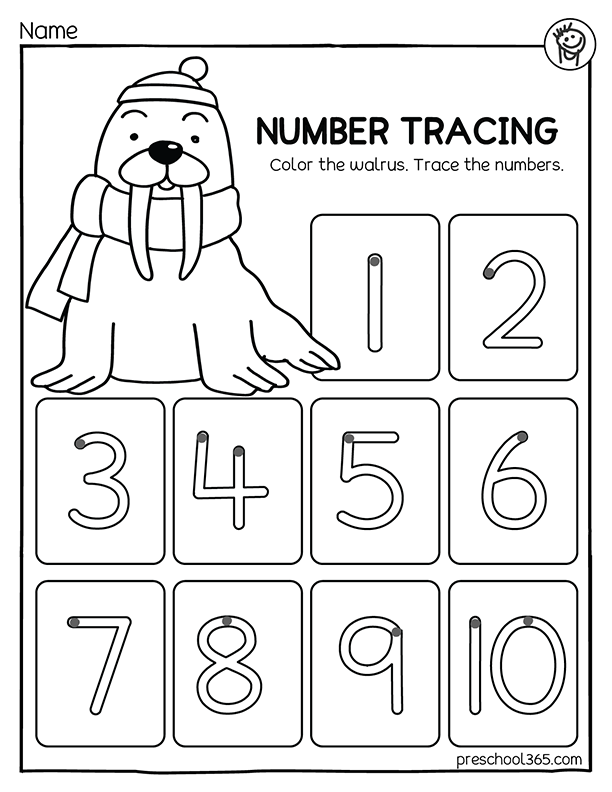 Winter walrus number tracing activity for preschool kids