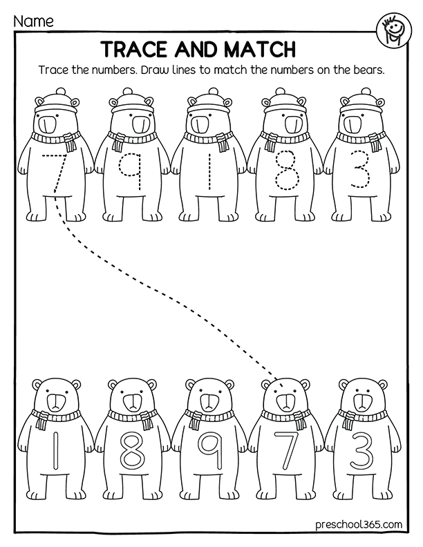 Free preschool activity on winter animals and numbers