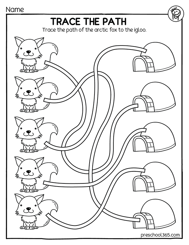 Winter fox and igloo line tracing activity
