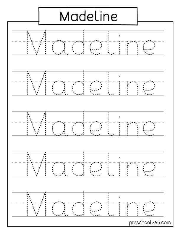 Quality Name tracing practice sheet for Madeline