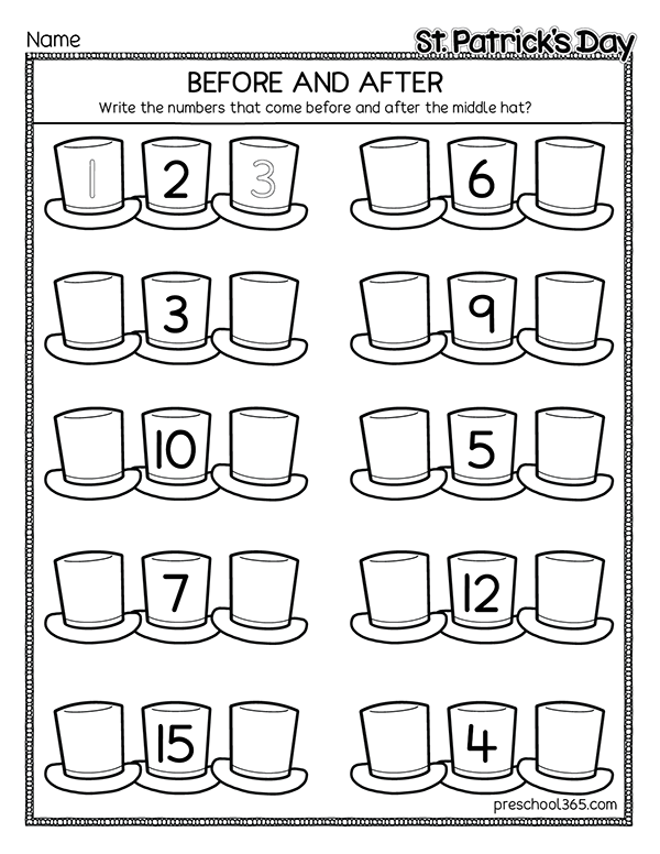 Before and after kindergarten worksheet for st Patricks day