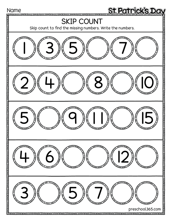 preK and kindergarten skip-counting fast Patricks day worksheet