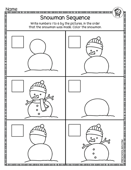 Snowman sequence activity sheet for homeschools
