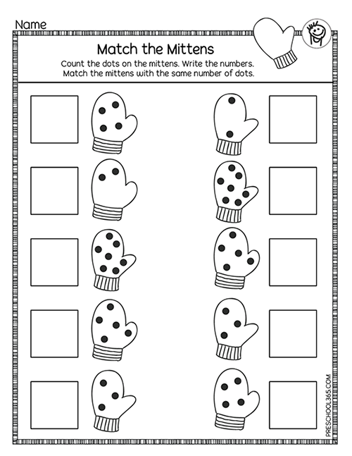 Mitten match snow theme activity worksheet for preschool kids