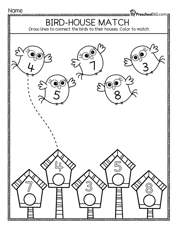 Preschool spring number matching worksheets for kids