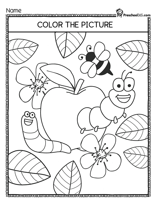 Apple theme literacy and number worksheet preschool activity