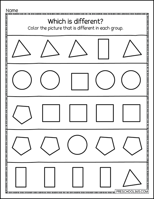 Which shape is different worksheet for preschool kids